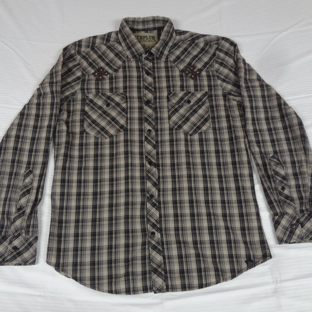 SURPLUS WESTERN CROSSES GRAY BUTTON UP LARGE LONG SLEEVE SHIRT K563